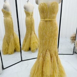 Golden yellow sequin sweetheart mermaid prom dress full front view