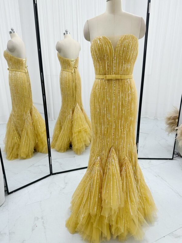 Golden yellow sequin sweetheart mermaid prom dress full front view