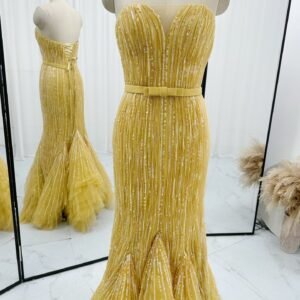 Golden yellow strapless sequin mermaid evening gown front view
