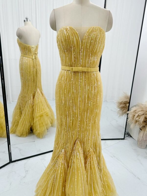 Golden yellow strapless sequin mermaid evening gown front view