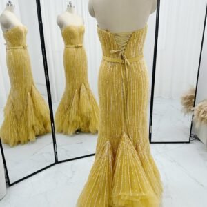 Golden yellow sequin mermaid gown with lace-up corset back