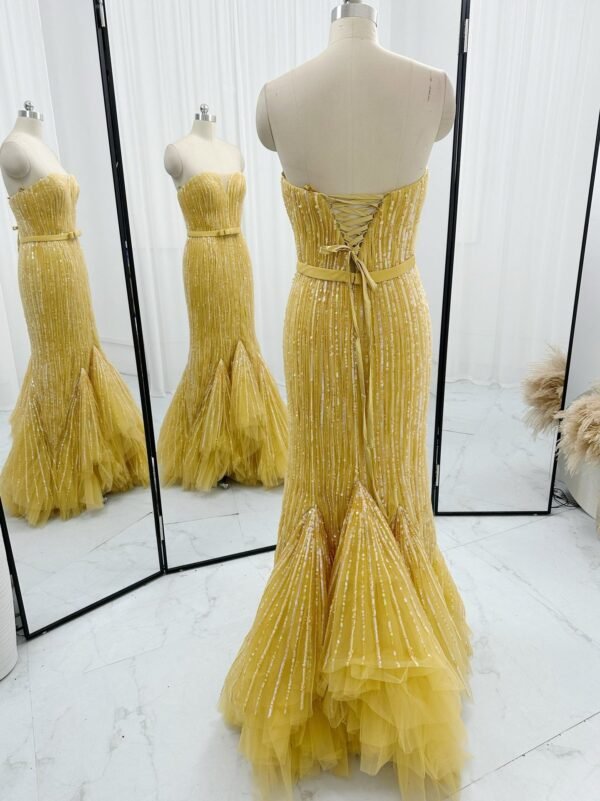 Golden yellow sequin mermaid gown with lace-up corset back