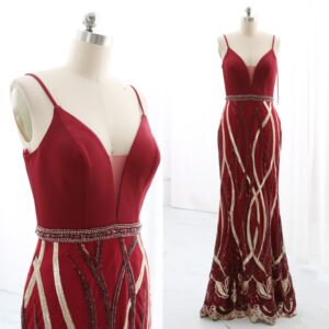Burgundy Art Deco sequin evening gown with plunging neckline and jeweled waist