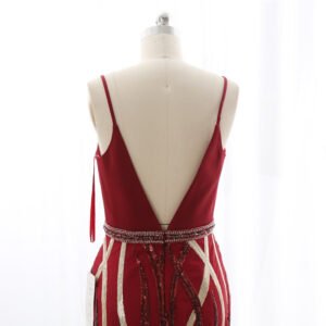 Burgundy spaghetti strap evening gown low V-back view