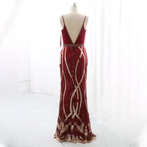 Full back view of burgundy Art Deco sequin evening gown
