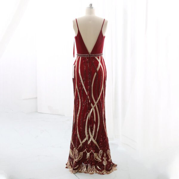 Full back view of burgundy Art Deco sequin evening gown