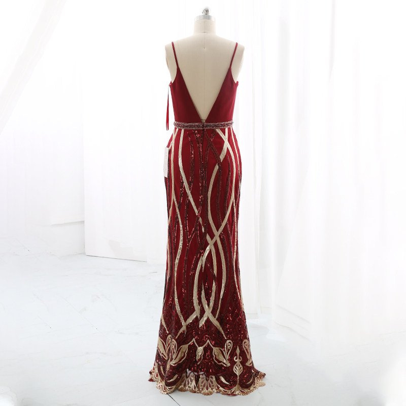 Full back view of burgundy Art Deco sequin evening gown